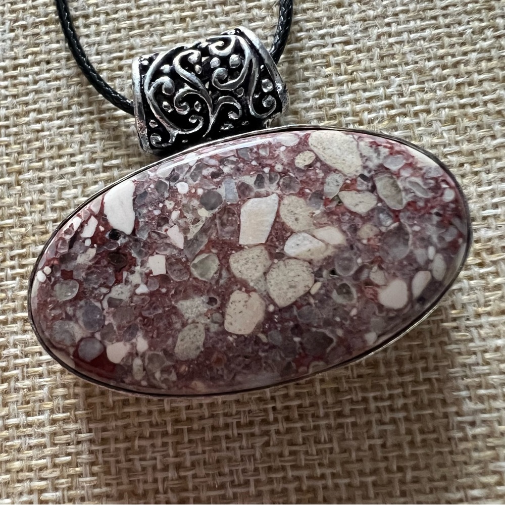 Brecciated Jasper or Mookaite Vintage Style Silver Overlay Pendant Necklace